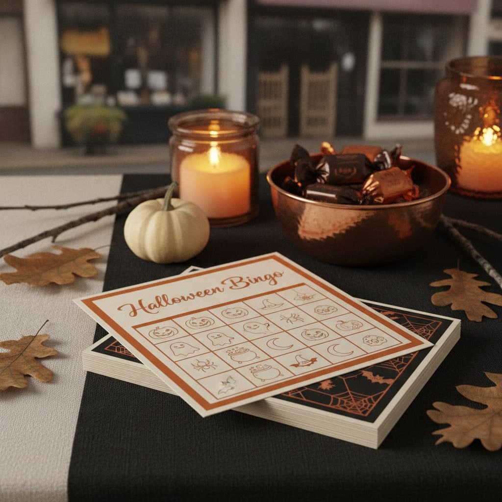 Halloween Bingo party game cards on thick board with a picture grid, stacked on a black tablecloth beside sweets