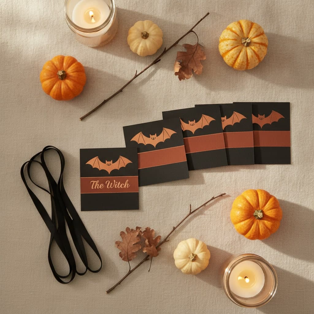 Halloween party name badges on black lanyards with a copper bat design and a character name, laid on cream linen