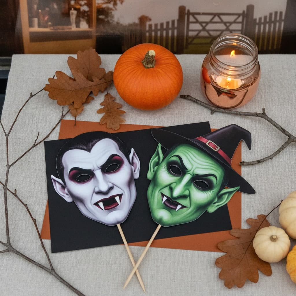 Halloween photo face masks cut round the face with eye holes and a wooden stick, laid on black card beside a small pumpkin