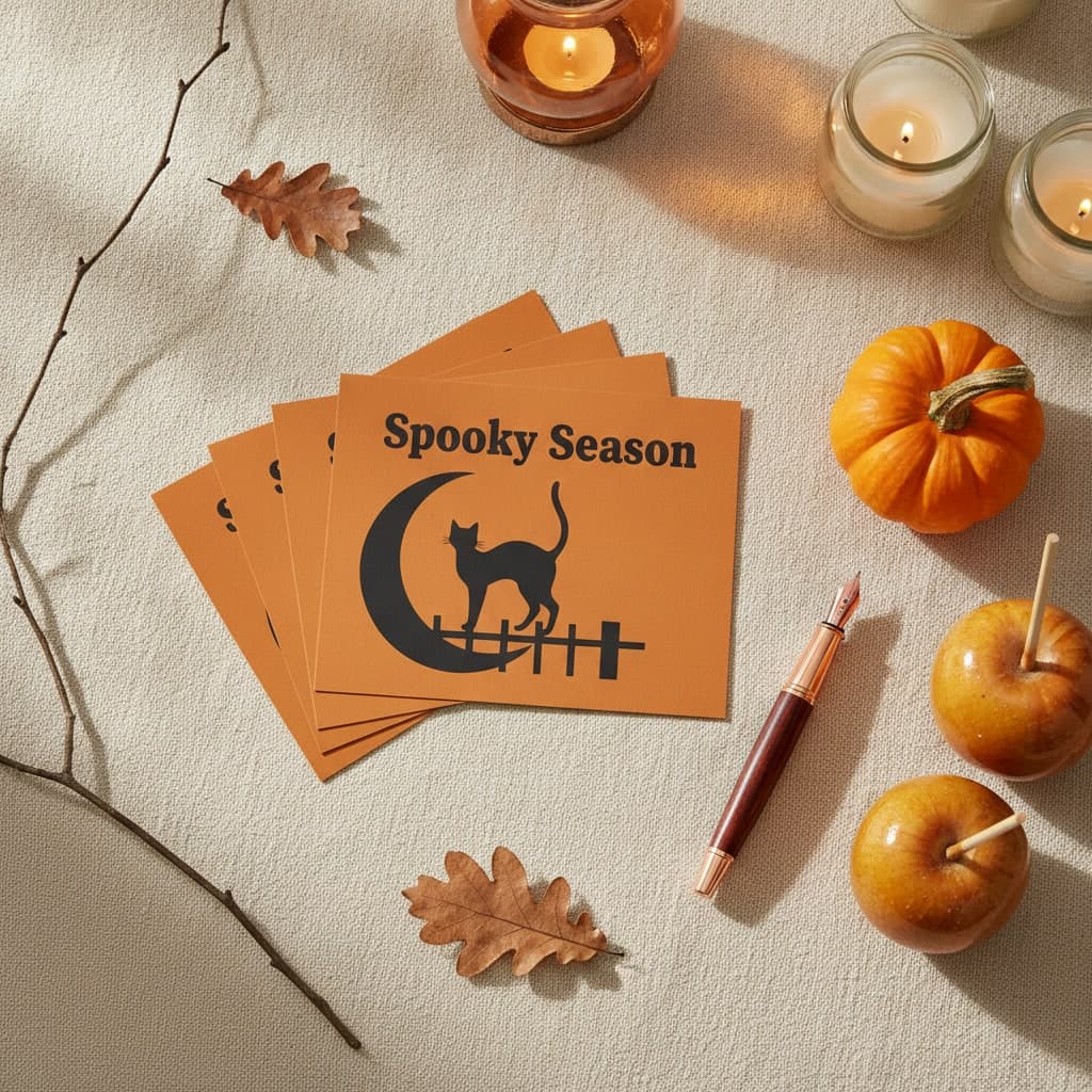 Spooky Season Halloween postcard invitations on thick board fanned on cream linen beside a copper pen and mini pumpkin