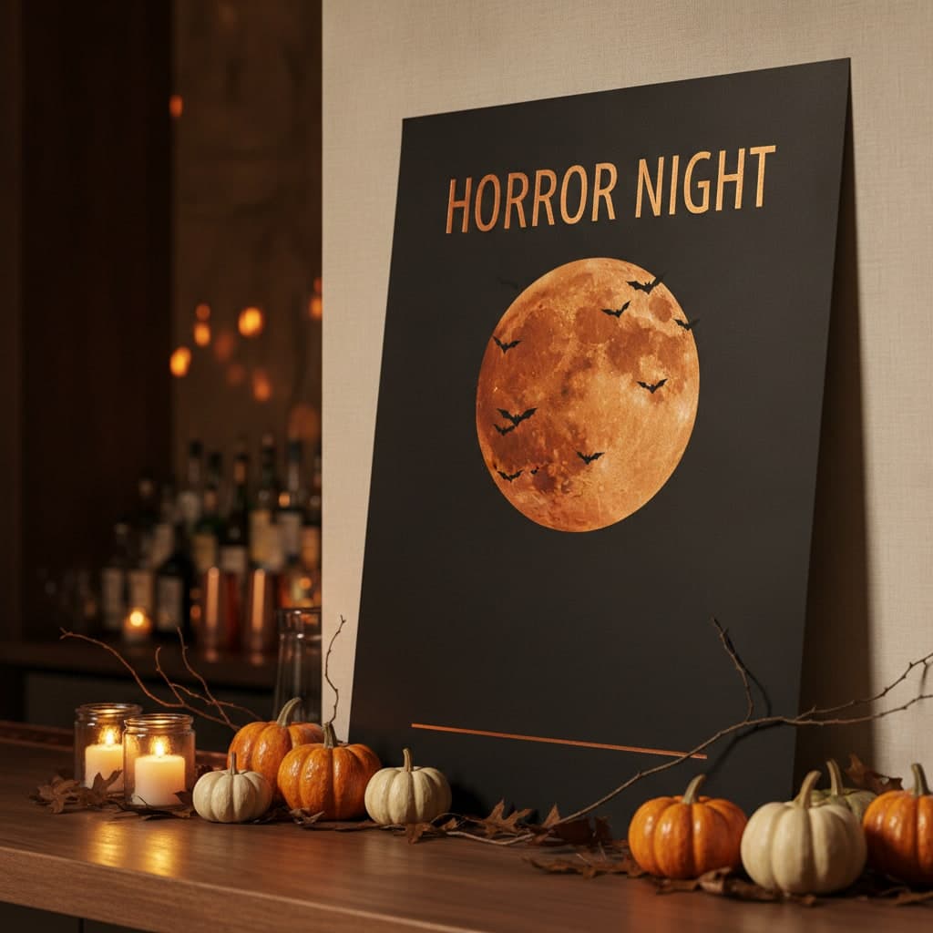 Horror Night Halloween poster on thick silk paper propped on a bar behind small pumpkins and candles in glass jars