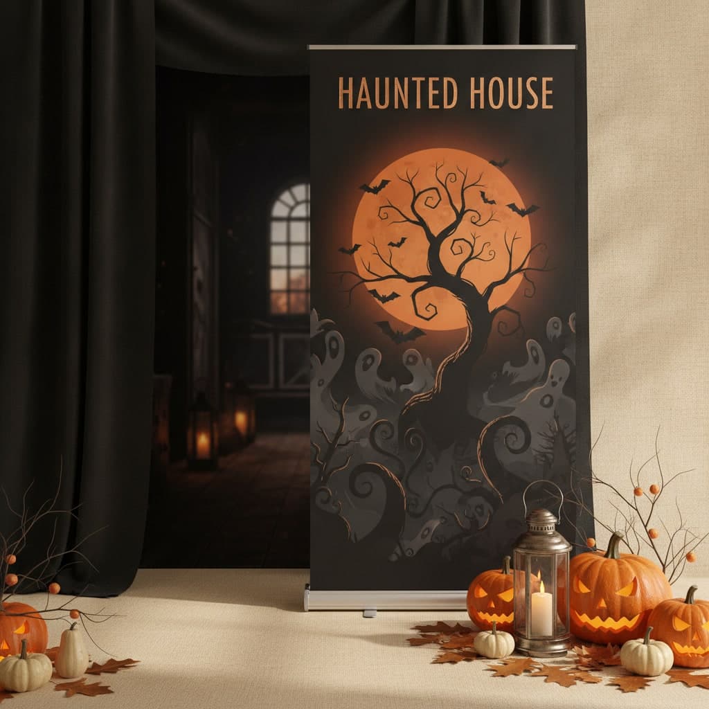 Haunted House roller banner on its base at a dark corridor entrance dressed with carved pumpkins for Halloween