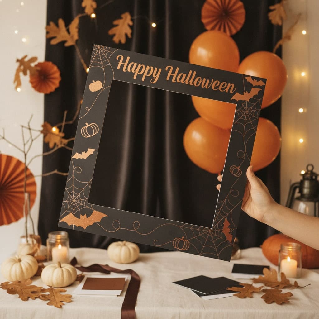 Happy Halloween selfie frame on foam board with copper bats and pumpkins, held up at a party photo wall