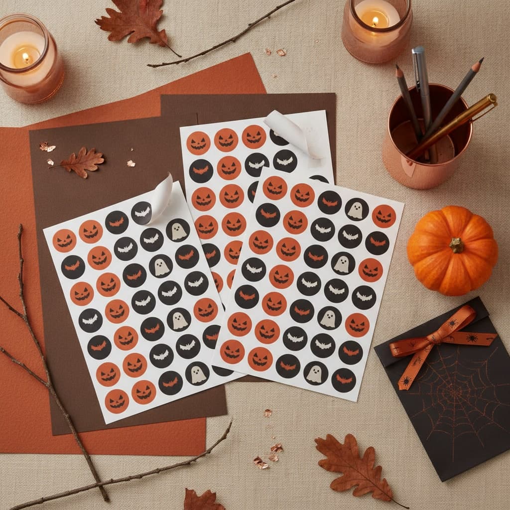 Sheet stickers for Halloween with rows of round pumpkin, bat and ghost stickers on cream linen beside a black envelope