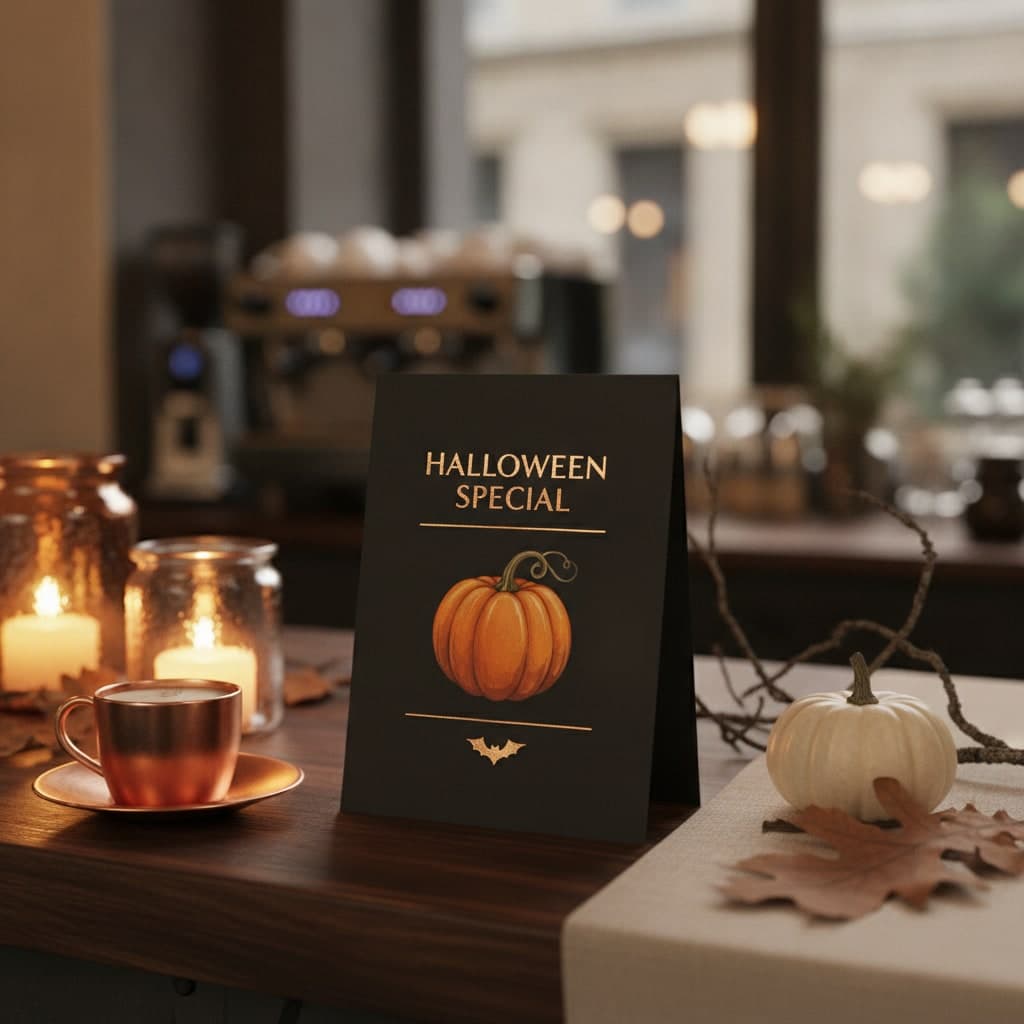 Halloween Special strut card standing on its strut on a cafe counter beside an espresso cup and a white pumpkin