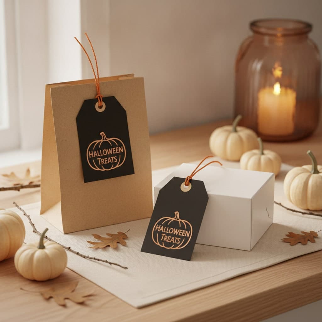 Halloween Treats swing tags on black board with a drilled hole and orange cord, tied to a trick-or-treat bag and a bakery box
