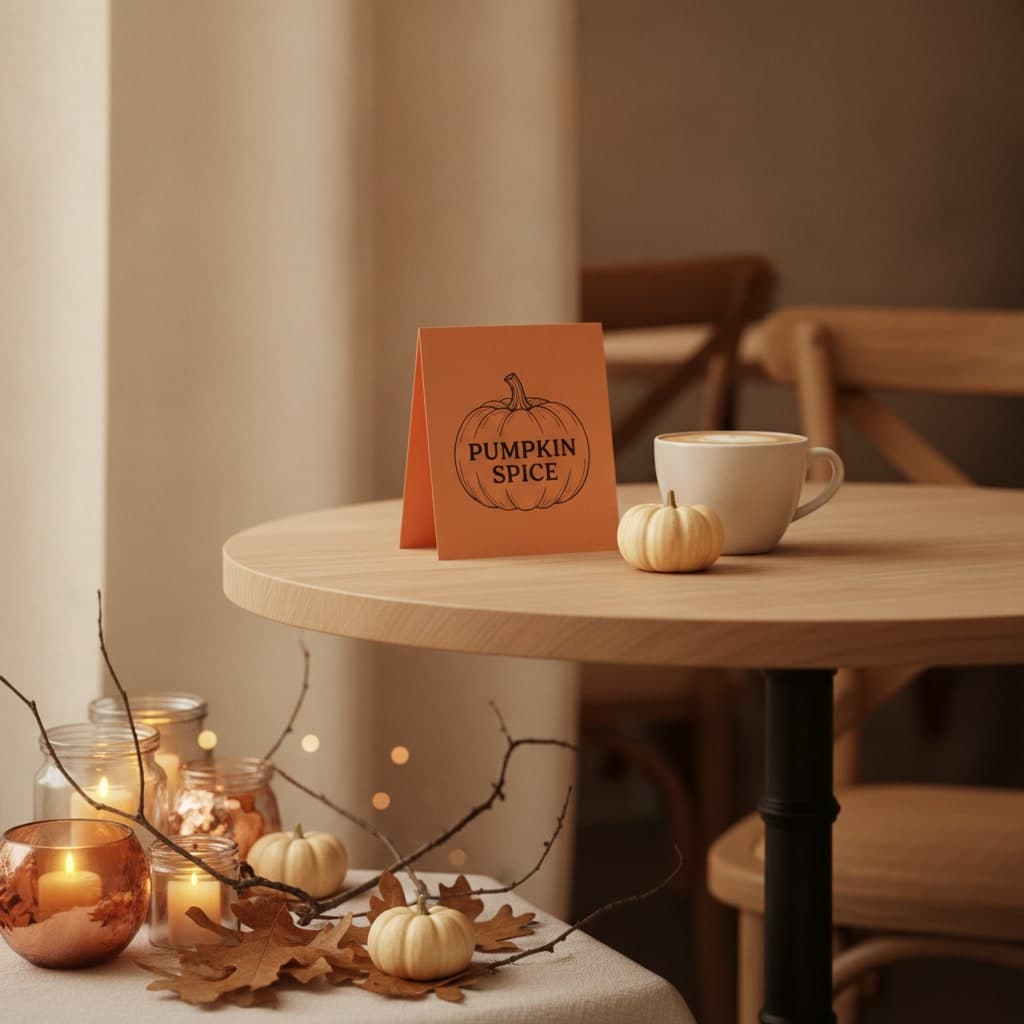 Pumpkin Spice tent card standing folded on a cafe table beside a latte and a mini pumpkin for Halloween