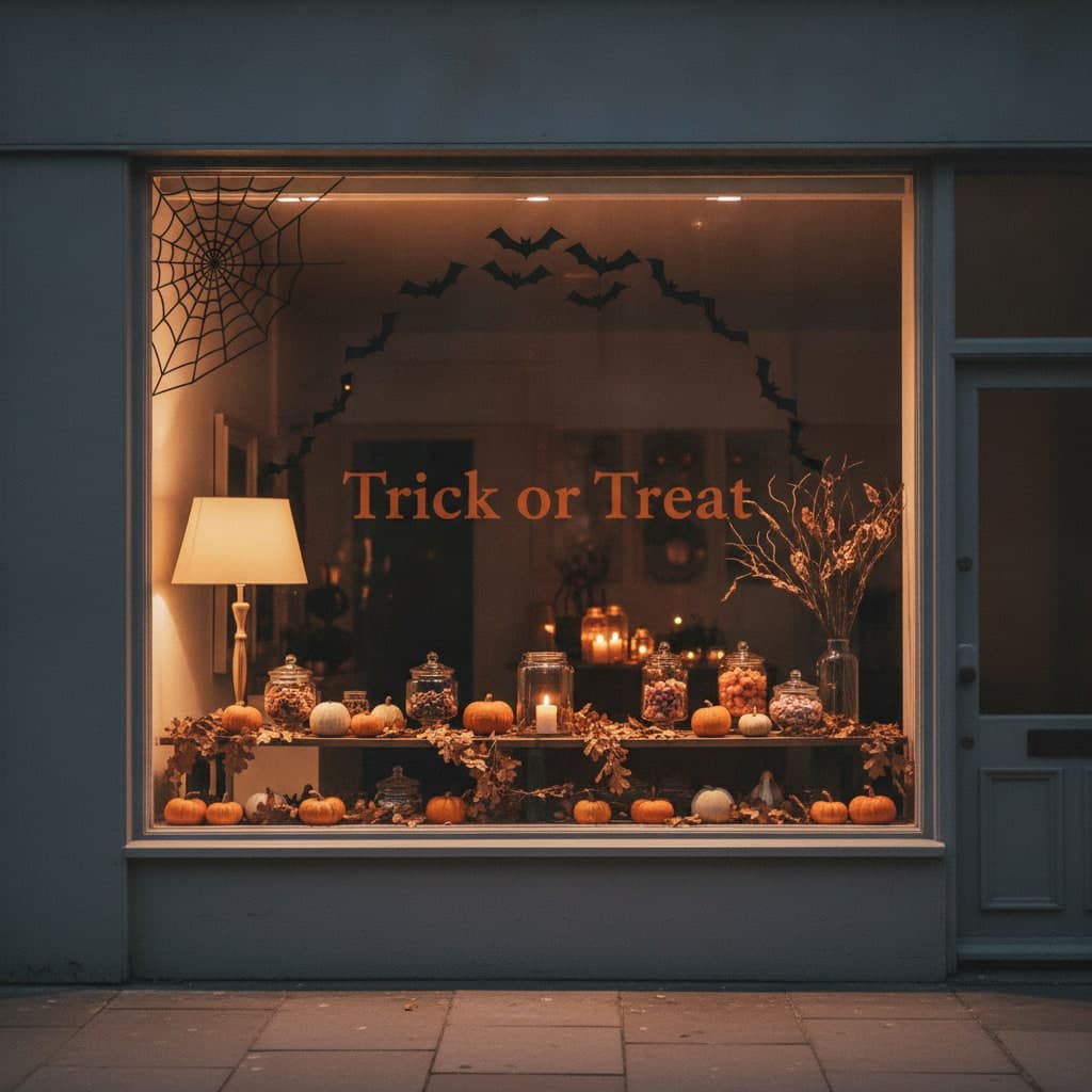 Trick or Treat Halloween vinyl window stickers with black bats on a shop window at dusk, pumpkins displayed behind the glass