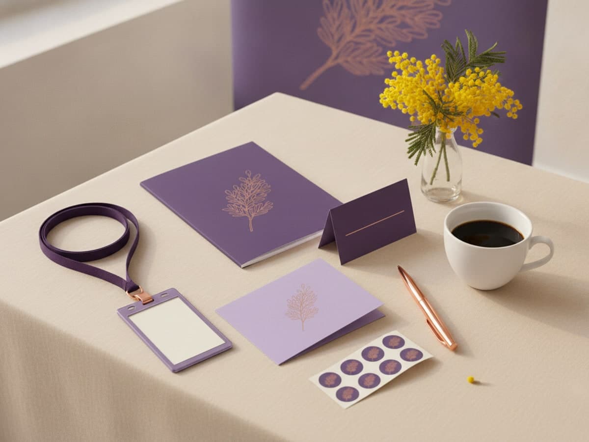 International Women's Day event print laid on cream linen: name badge, stitched programme, thank-you card and tent card beside yellow mimosa