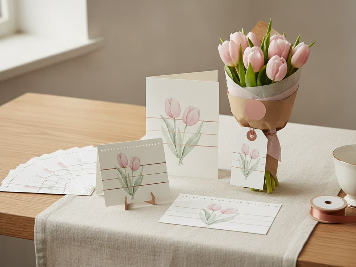 Mother's Day printing on a florist's bench: a folded card, gift vouchers, a swing tag on tulips, stickers and a lunch menu