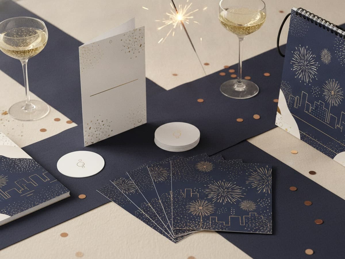 New Year print laid out on linen: folded card, drink tokens, flyers and wall calendar with champagne and confetti
