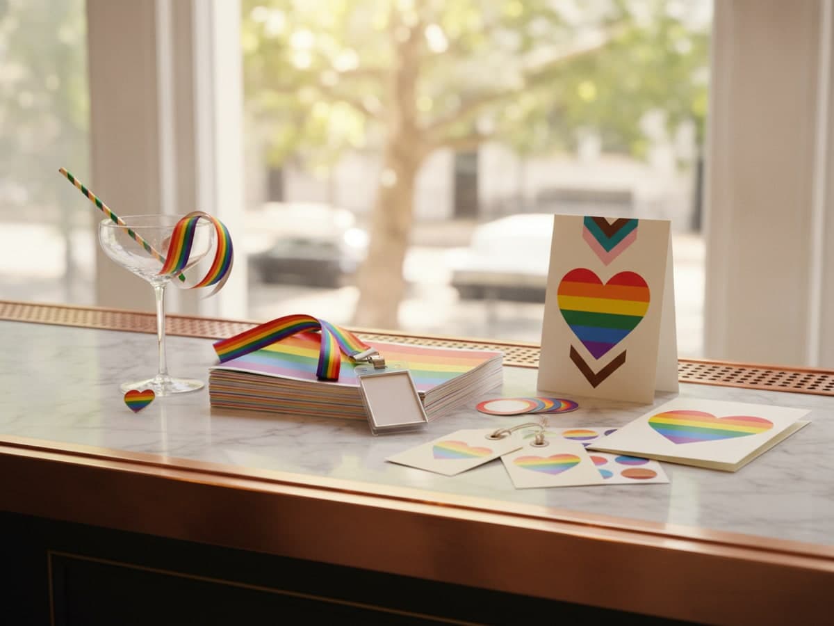 Pride printing for bars and events: rainbow flyers, drink tokens, badges, swing tags, stickers and a strut card on a marble bar top