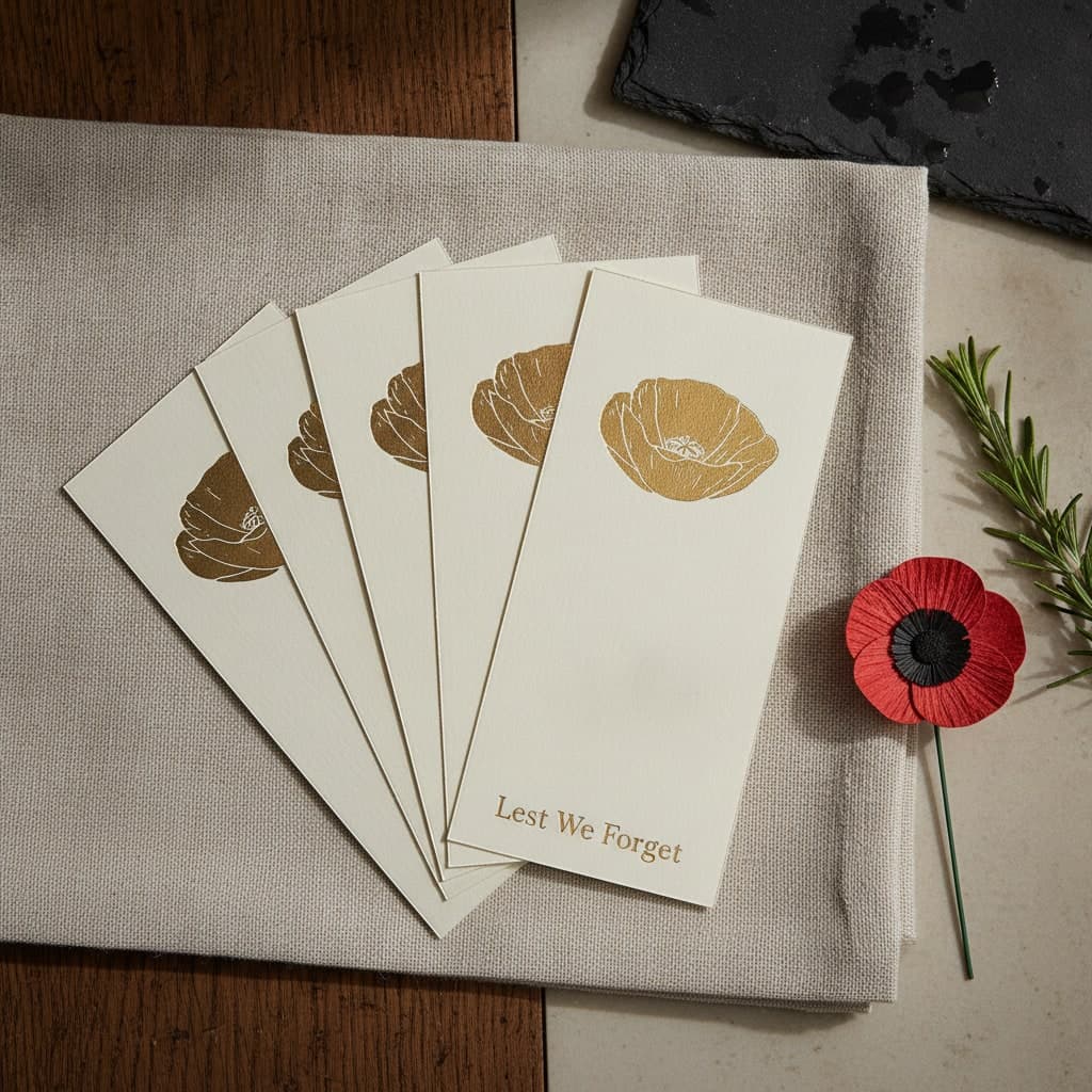 Remembrance bookmarks on thick cream board with a gold foil poppy, fanned on linen beside rosemary