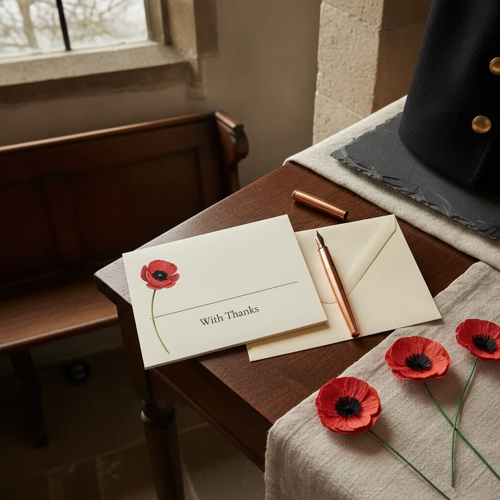 Remembrance association compliment slips with a painted poppy and copper rule stacked on an oak desk