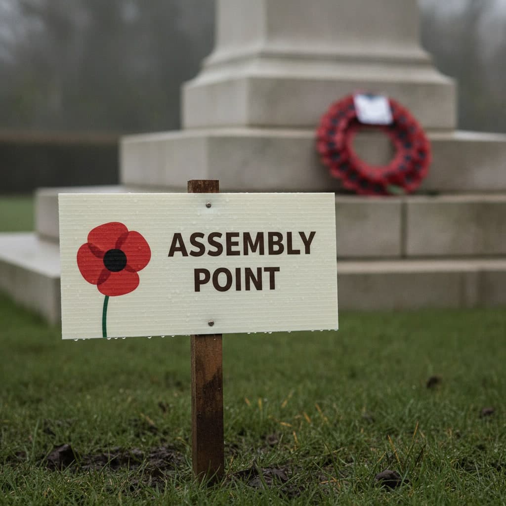 Remembrance parade correx sign on a stake in wet grass beside a stone war memorial and a poppy wreath