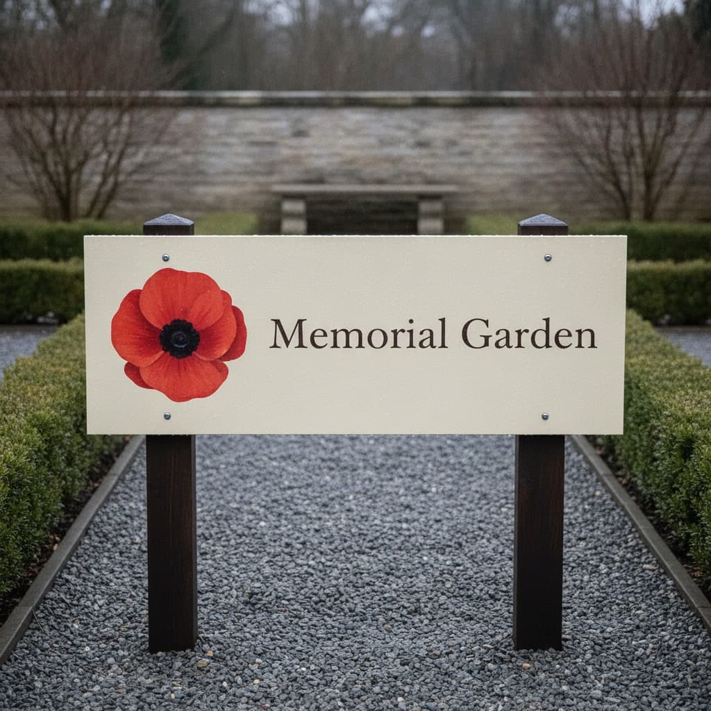 Memorial Garden dibond board for Remembrance with a painted poppy, mounted on timber posts among rosemary hedges