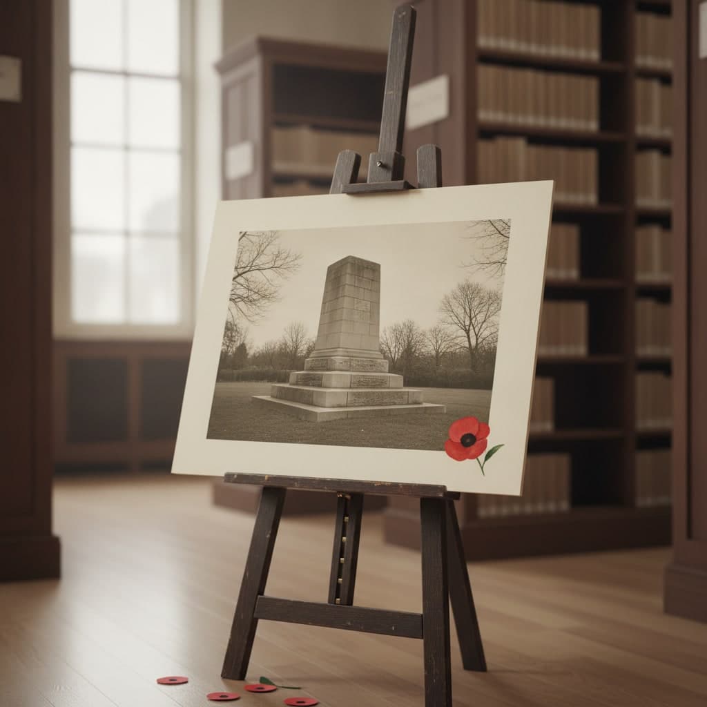 Remembrance exhibition display board with a sepia war memorial photograph on an easel in a library