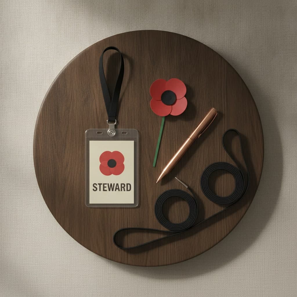 Remembrance parade steward badge on a black lanyard laid on a round platter with a paper poppy
