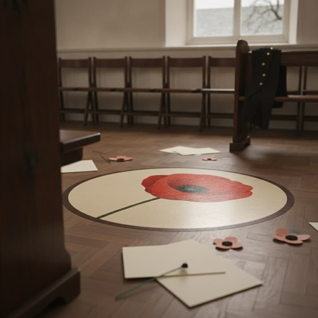 Round poppy floor graphic sticker for a Remembrance service applied to a church hall parquet floor