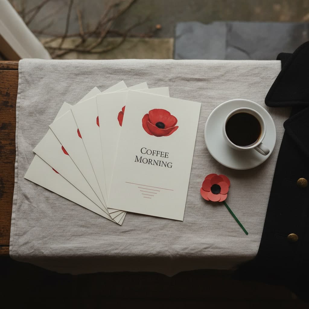 Remembrance coffee morning flyers with a painted poppy fanned on linen beside a cup of coffee