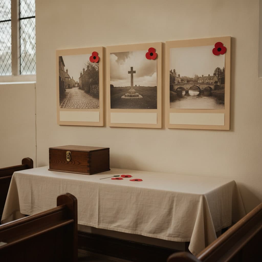 Remembrance exhibition foam boards with sepia archive photographs and poppy motifs pinned to a memorial hall wall
