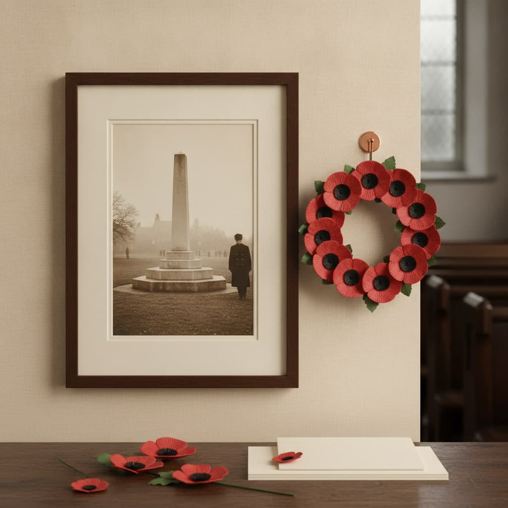 Framed sepia archive print of a war memorial on a club wall beside a Remembrance poppy wreath
