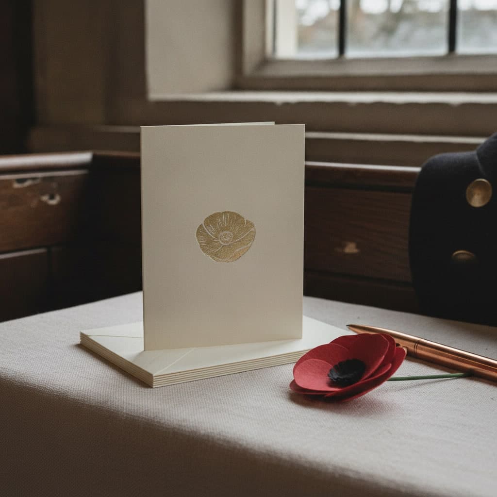Folded Remembrance greetings cards with a gold foil poppy, stacked with cream envelopes on linen