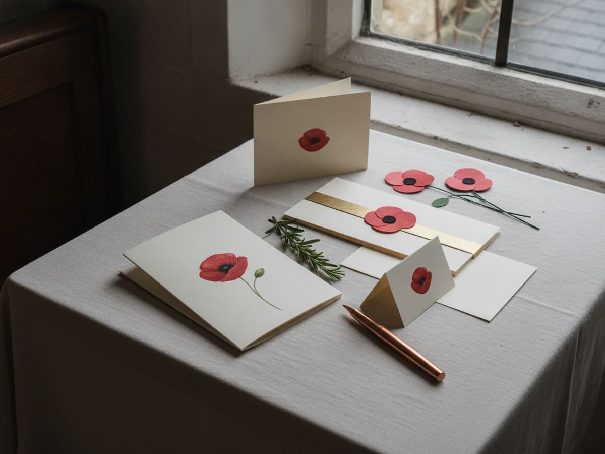 Remembrance Sunday order of service with a poppy cover, greetings card, tent card and flyer arranged with paper poppies on linen