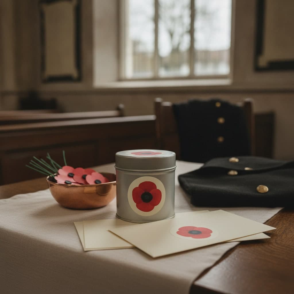 Round poppy stickers for a Remembrance appeal table on a collection tin and cream envelopes