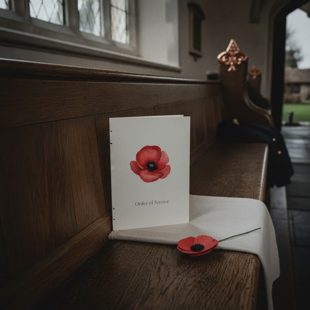 Remembrance Sunday order of service booklet with a painted poppy cover, saddle-stitched and resting on an oak church pew