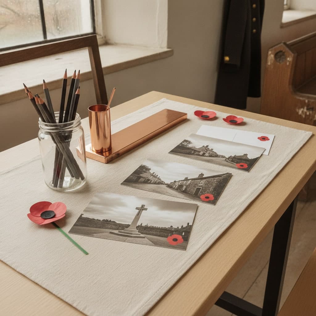 Remembrance postcards with sepia war memorial photographs fanned on a school table beside a paper poppy