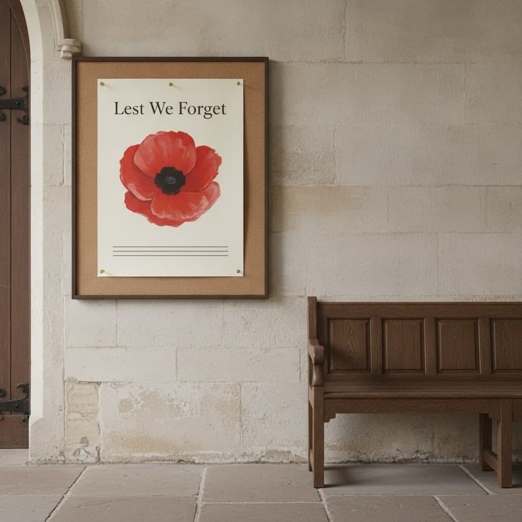 Lest We Forget poster with a large painted poppy for Remembrance Sunday, pinned to a cork noticeboard in a church porch