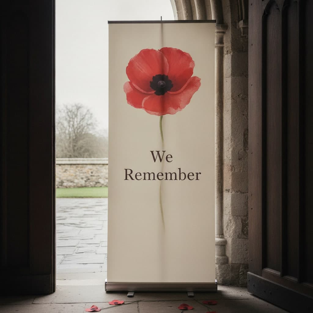 Remembrance roller banner with a painted poppy standing on its base at a stone church entrance