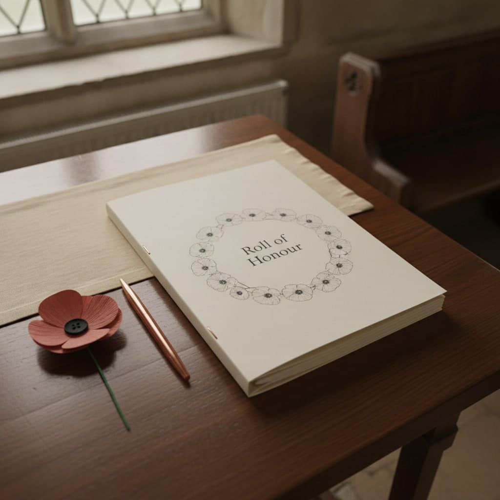 Saddle-stitched Remembrance roll of honour booklet on an oak vestry table with a paper poppy and copper pen