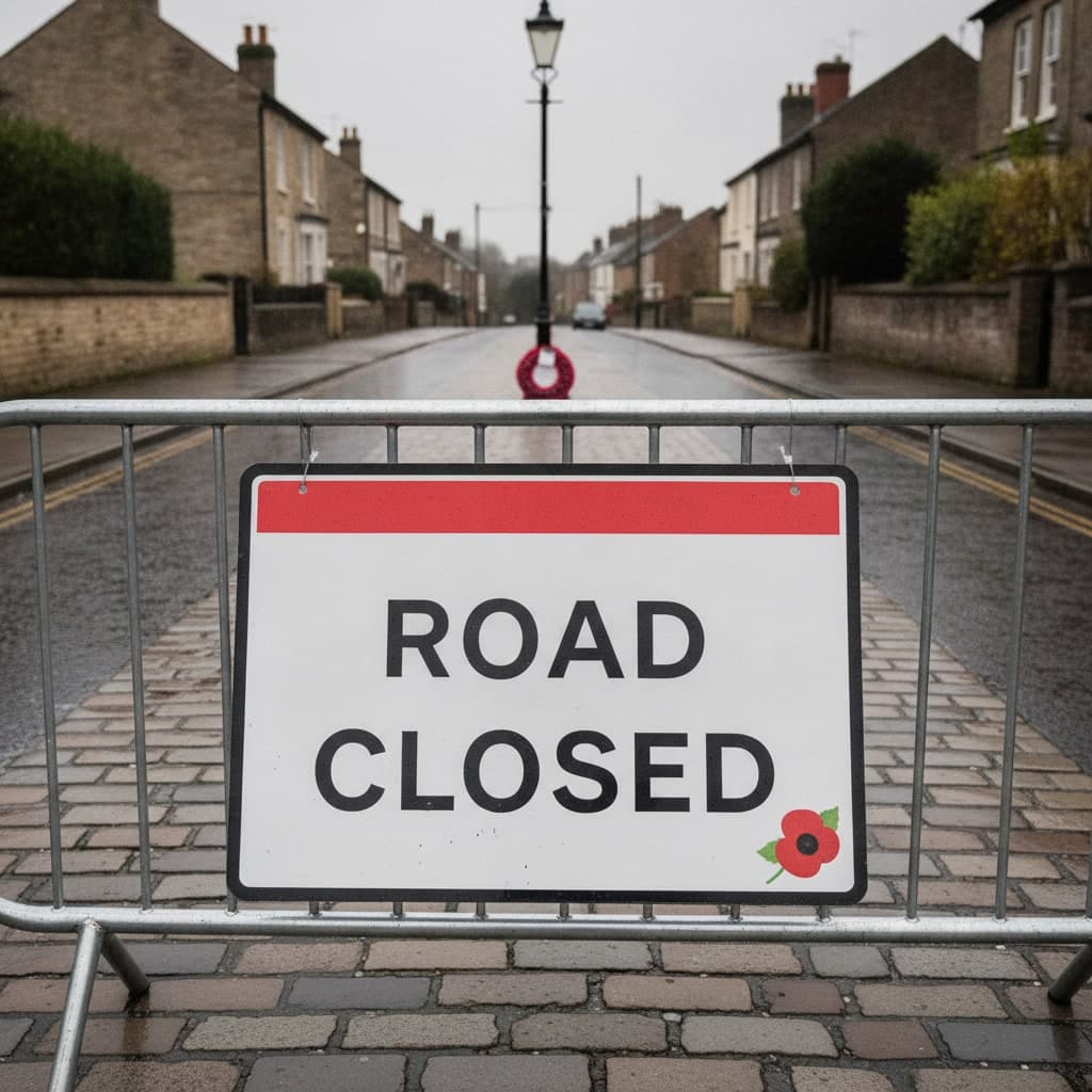 Road closed sign printed on correx for a Remembrance parade, cable-tied to a barrier on a wet street
