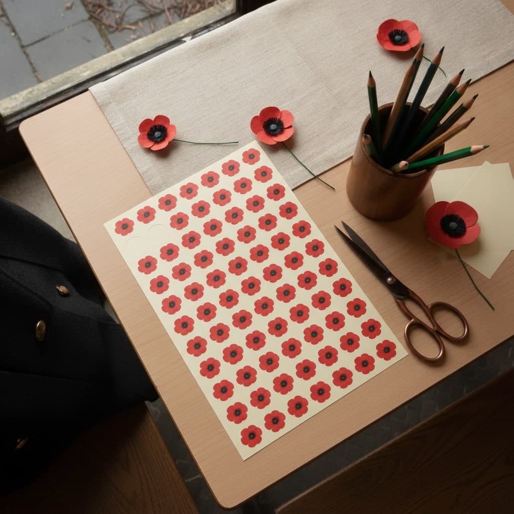 Sheet of small poppy stickers for a school Remembrance project on a beech table with pencils