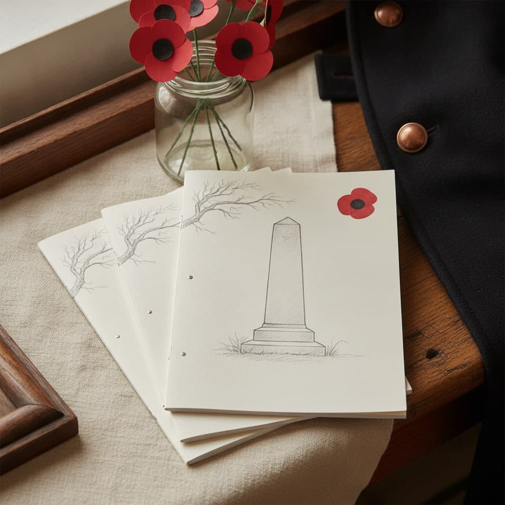 Stapled Remembrance booklet with a line-drawn war memorial cover on a school library table beside paper poppies