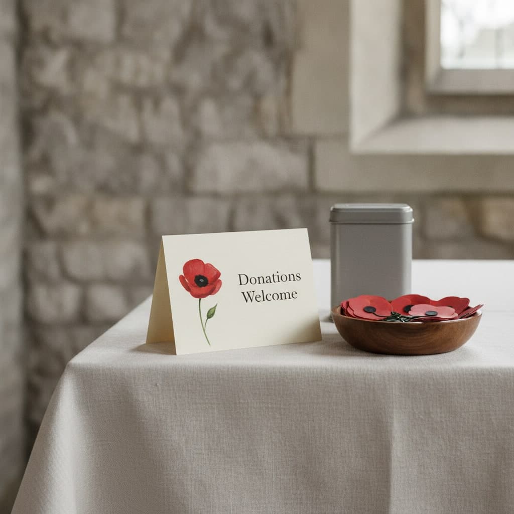 Folded Remembrance tent card standing on an appeal table beside a collection tin and paper poppies