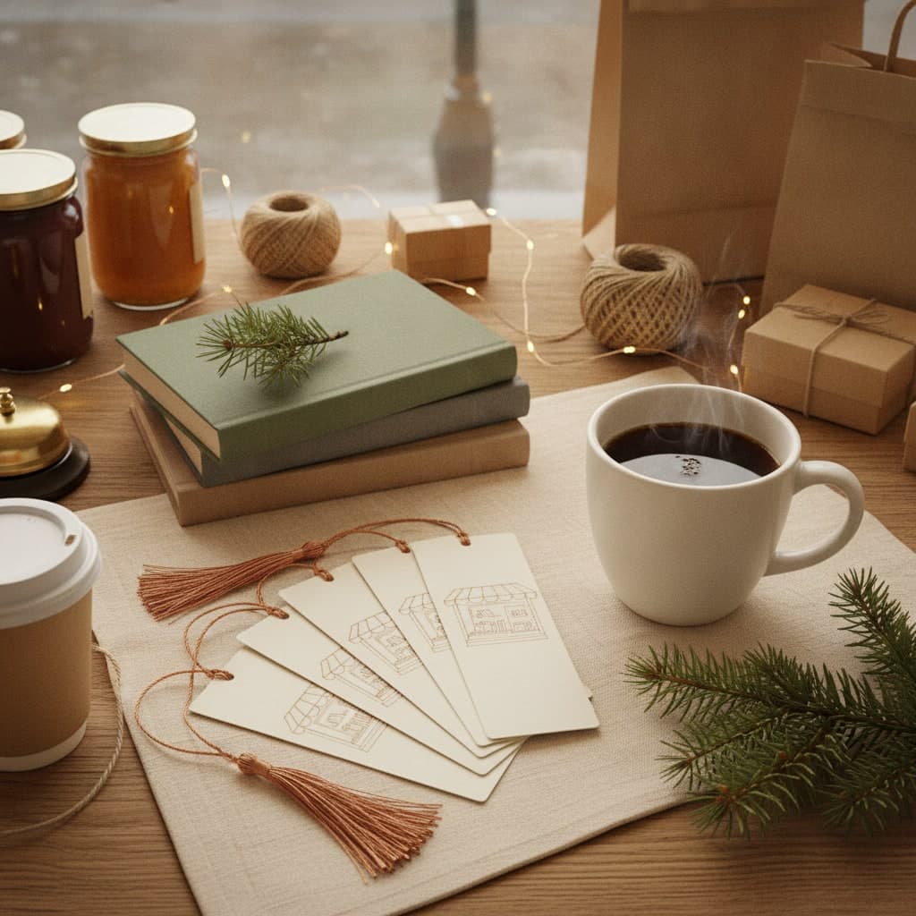 Small Business Saturday bookmarks on thick board with copper tassels fanned beside hardback books and tea