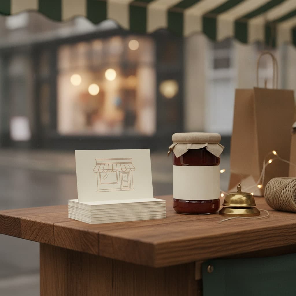 Small Business Saturday business cards with a copper foil shopfront motif stacked on a market stall beside a jar of jam
