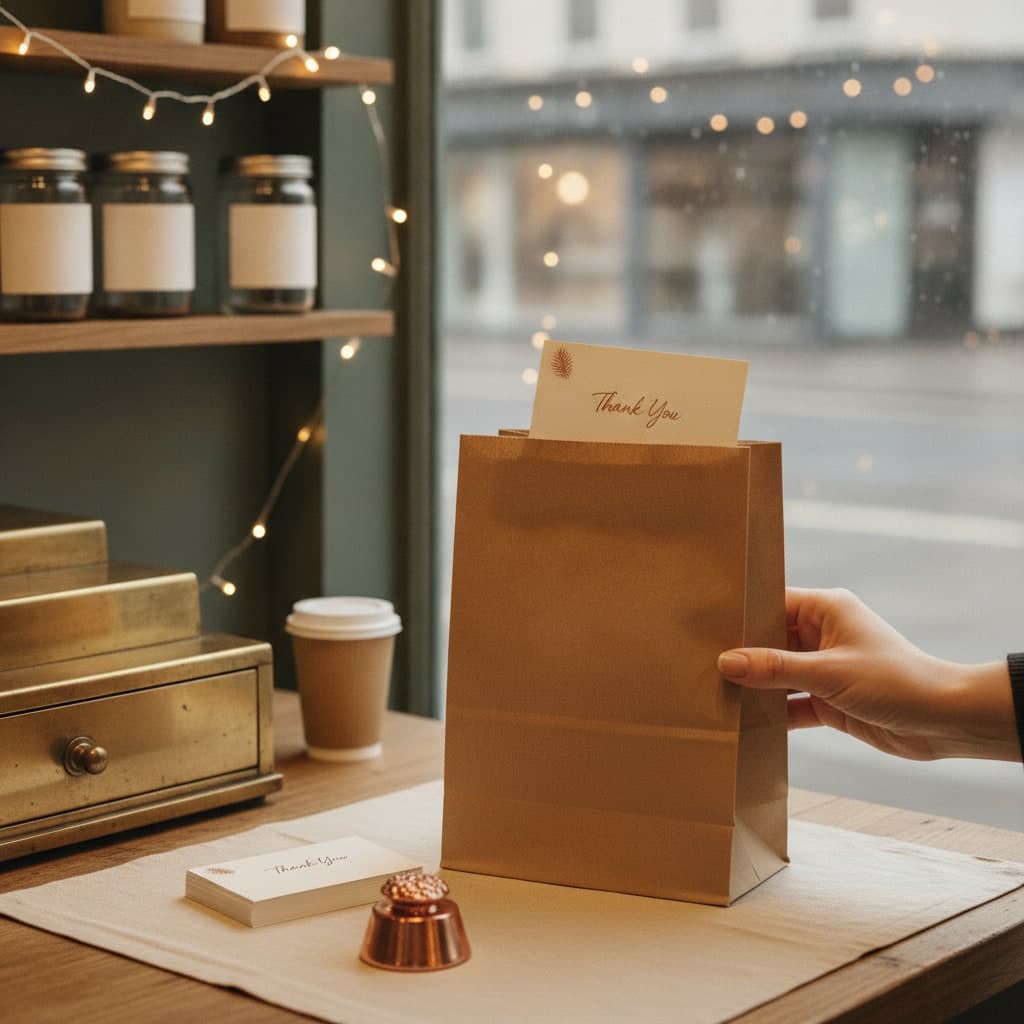 Small Business Saturday compliment slips with a copper thank you line, one being slipped into a kraft shopping bag
