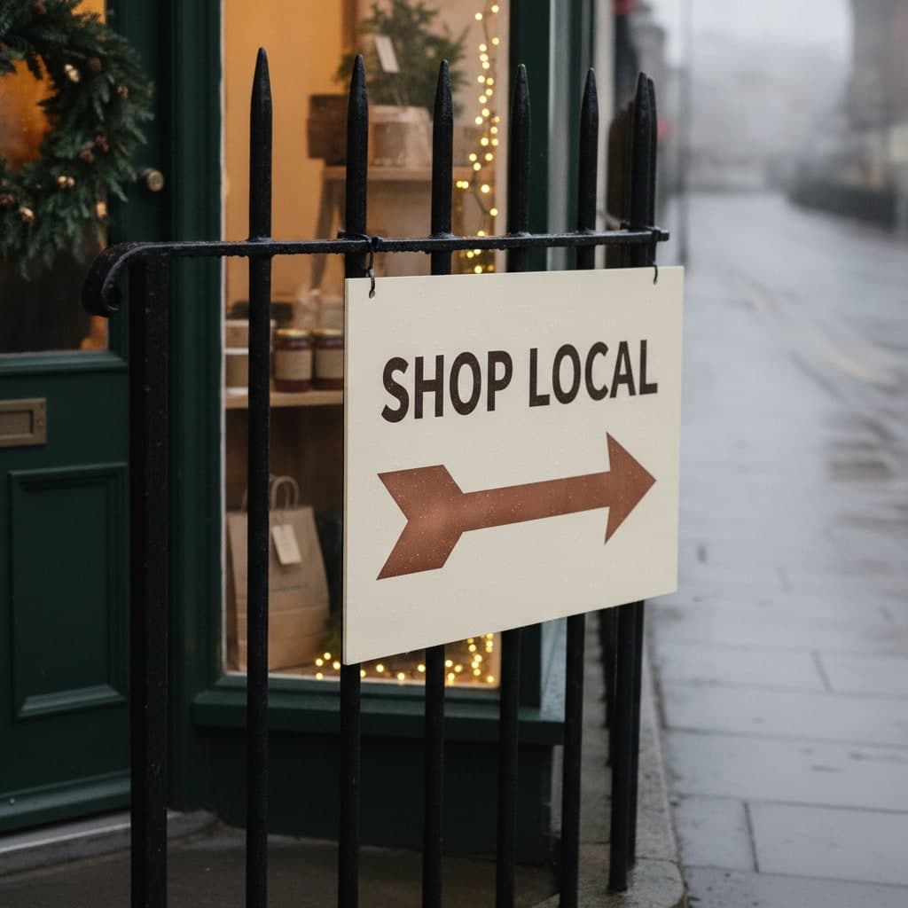Small Business Saturday correx sign reading Shop Local cable-tied to iron railings on a wet December pavement