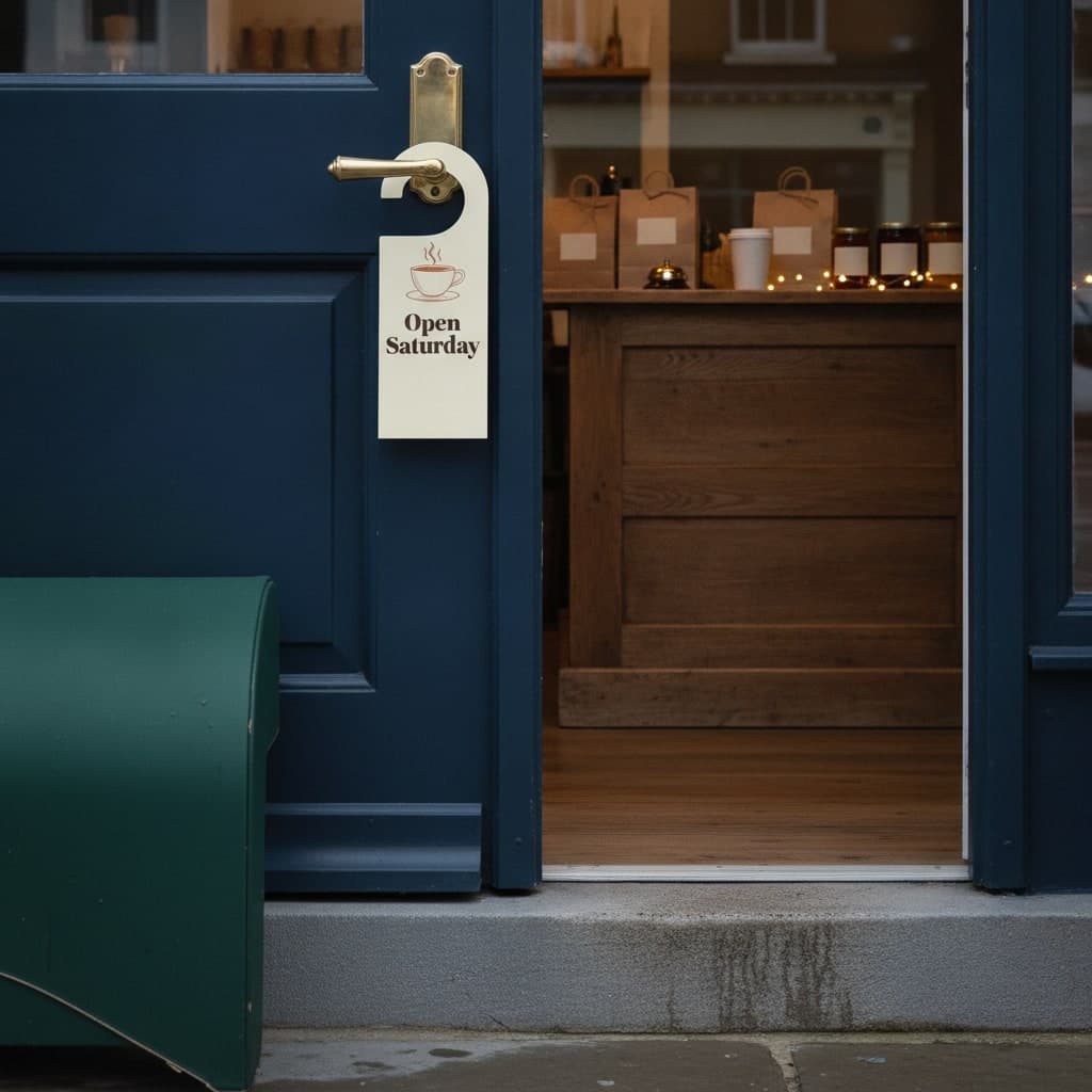 Small Business Saturday door hanger reading Open Saturday hung on the brass handle of a navy front door
