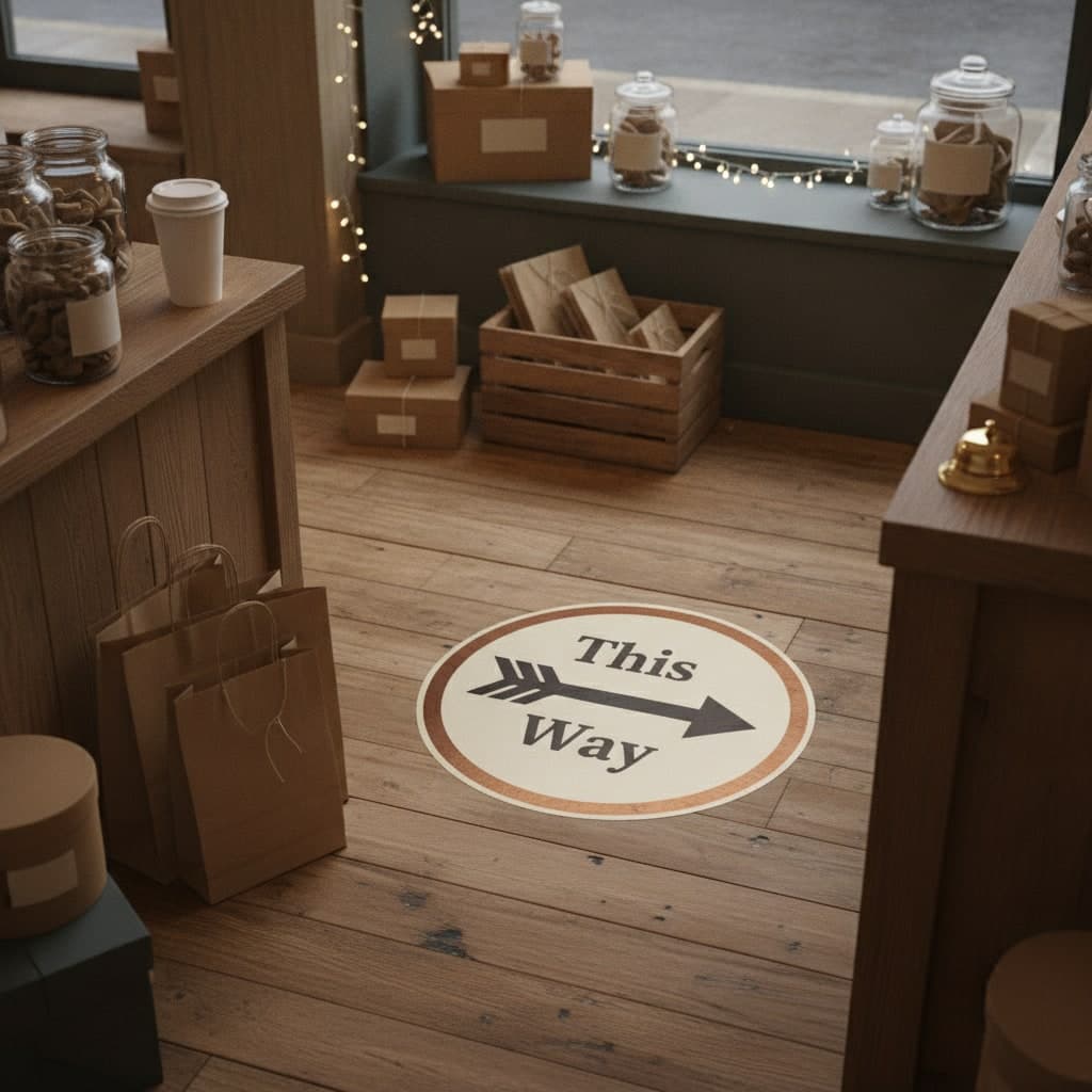 Small Business Saturday floor graphic sticker reading This Way applied to oak floorboards inside an independent shop