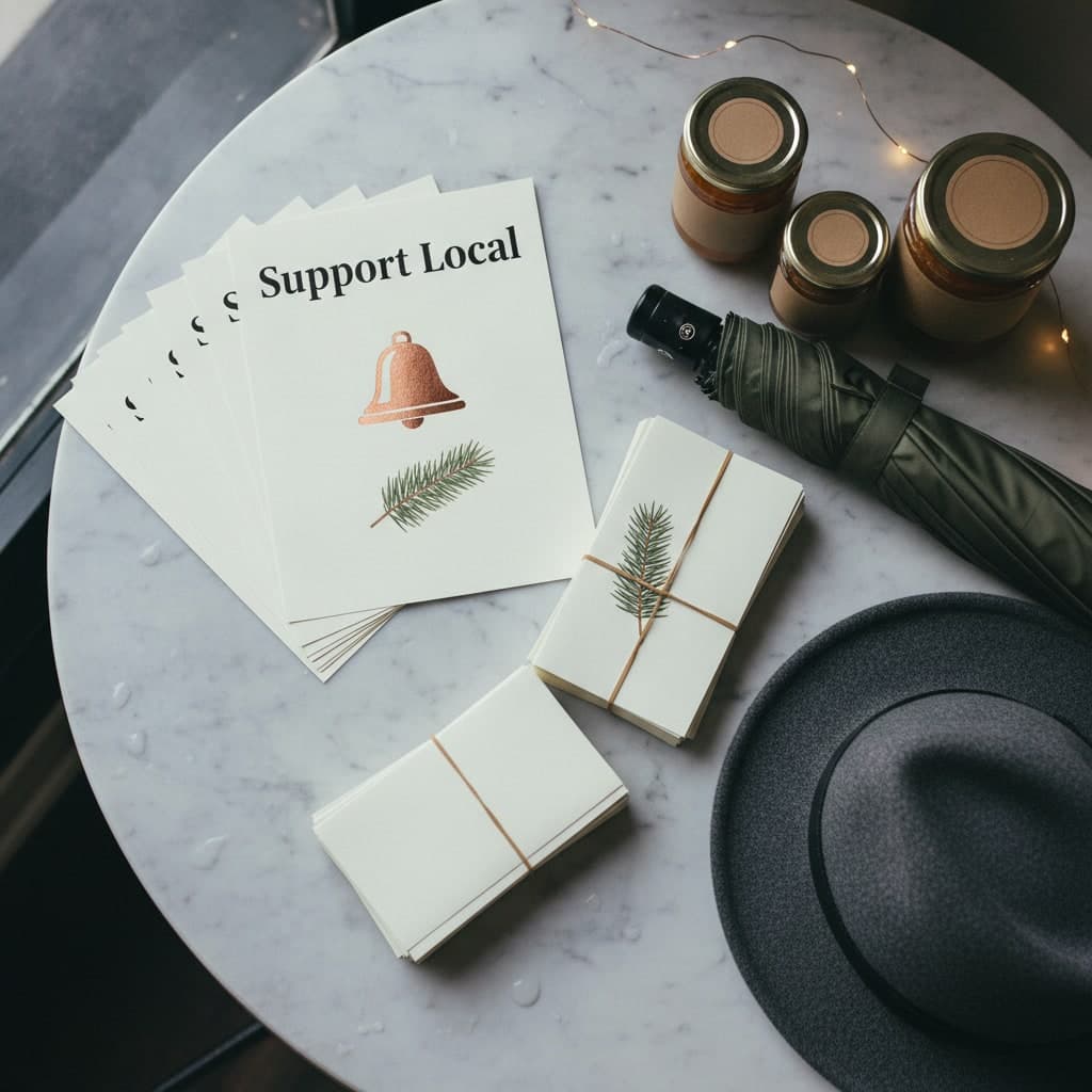 Small Business Saturday flyers on thick silk fanned on a café table beside bundles bound for the letterbox drop