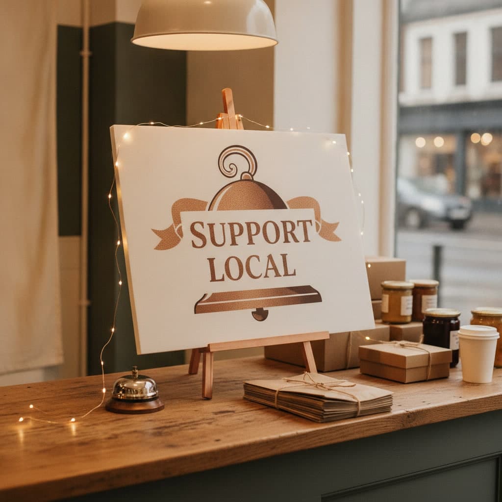 Small Business Saturday foam board reading Support Local on a copper easel behind an oak shop till
