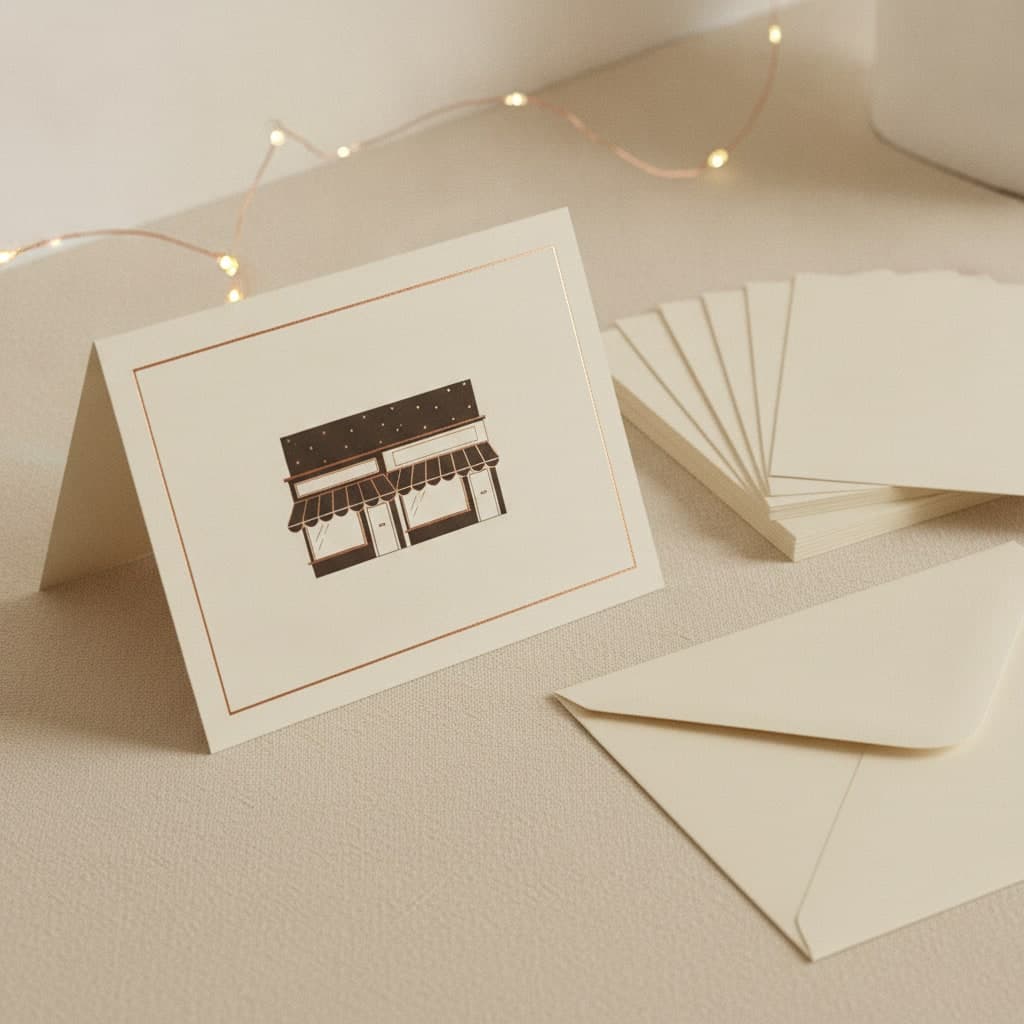 Small Business Saturday corporate greetings cards with a small copper foil shopfront motif, empty fascias, cream envelopes