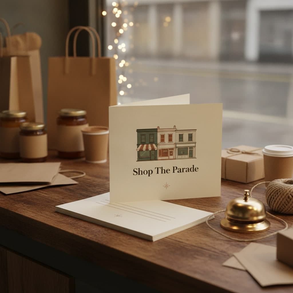 Small Business Saturday half-fold leaflet standing open on an oak counter beside closed copies and a brass bell