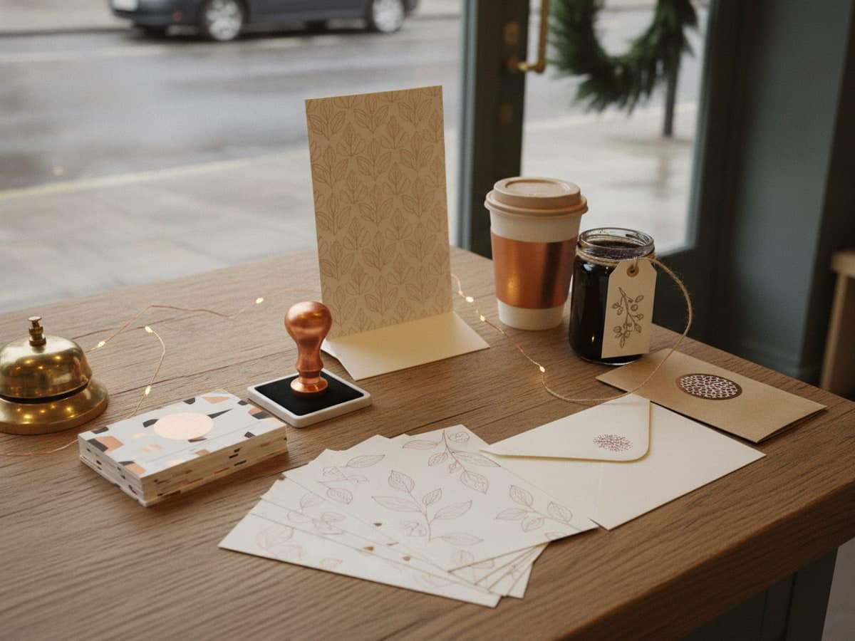 Small Business Saturday print on an oak shop counter: loyalty cards, flyers, a strut card, a swing-tagged jar and a kraft bag