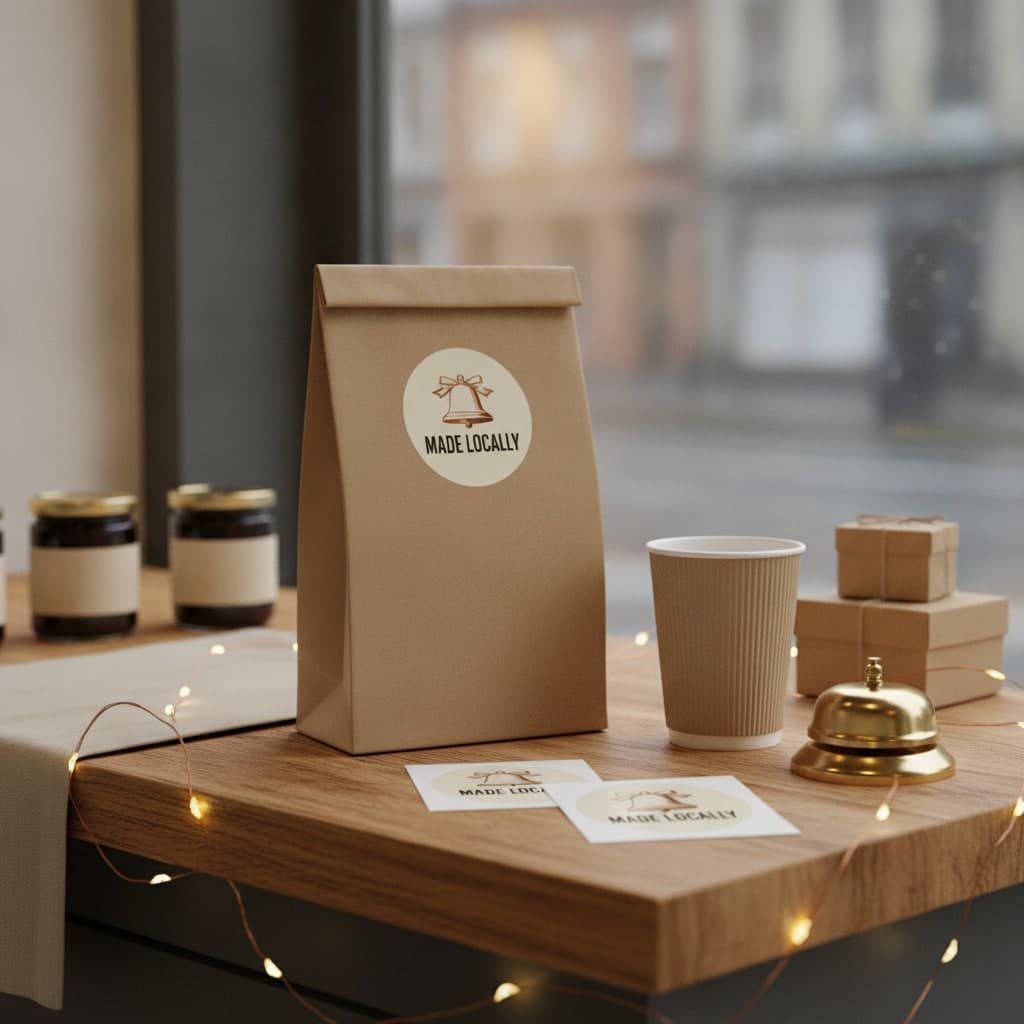 Small Business Saturday round sticker reading Made Locally sealing a kraft paper bag on an oak counter